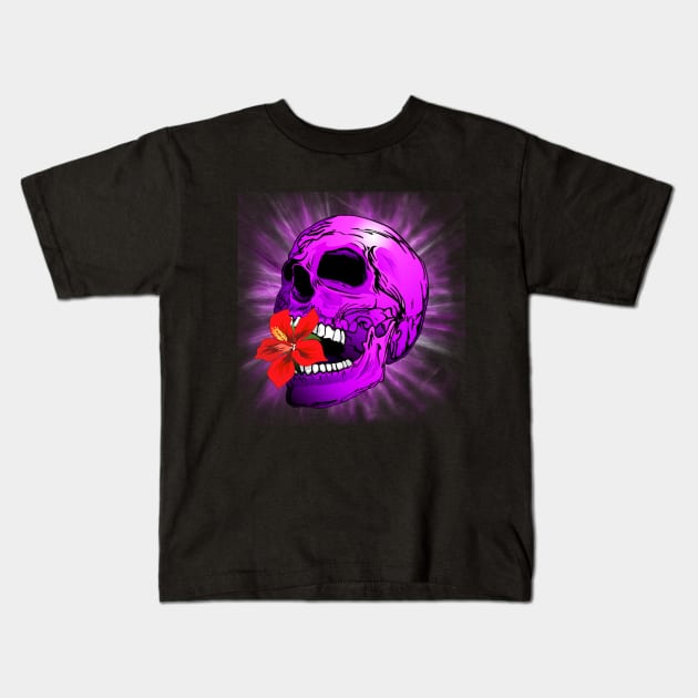 Purple Sugar Skull with Hibiscus Flower Kids T-Shirt by BluedarkArt